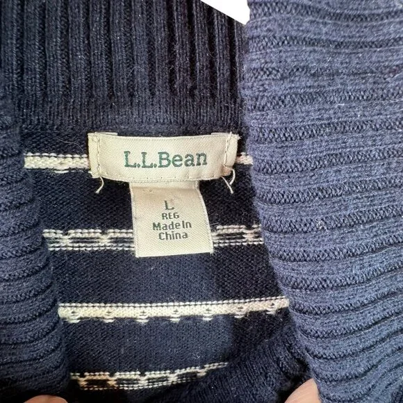 L.L.Bean Navy Fair Isle Stripe Cotton Cashmere Turtleneck Sweater Size Large - Picture 4 of 6